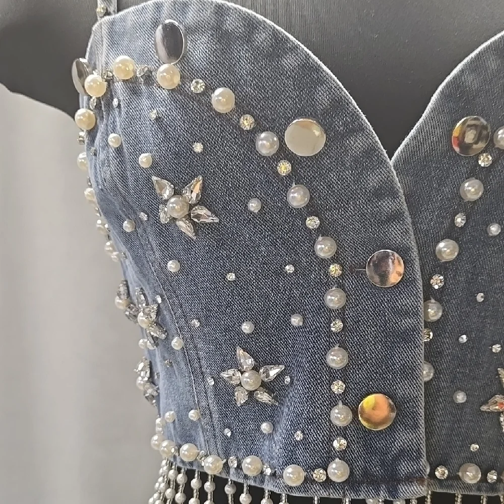 La'Rose Embellished Crystals Stones  Pearls Denim Crop Top Size Large - Picture 3 of 11